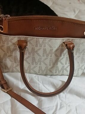 Michael Kors Cream and Brown Logo Satchel